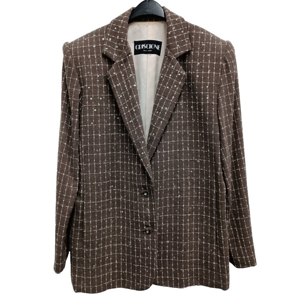 VTG Criscione‎ Blazer Jacket XL Brown Plaid Embellished Office Academia
